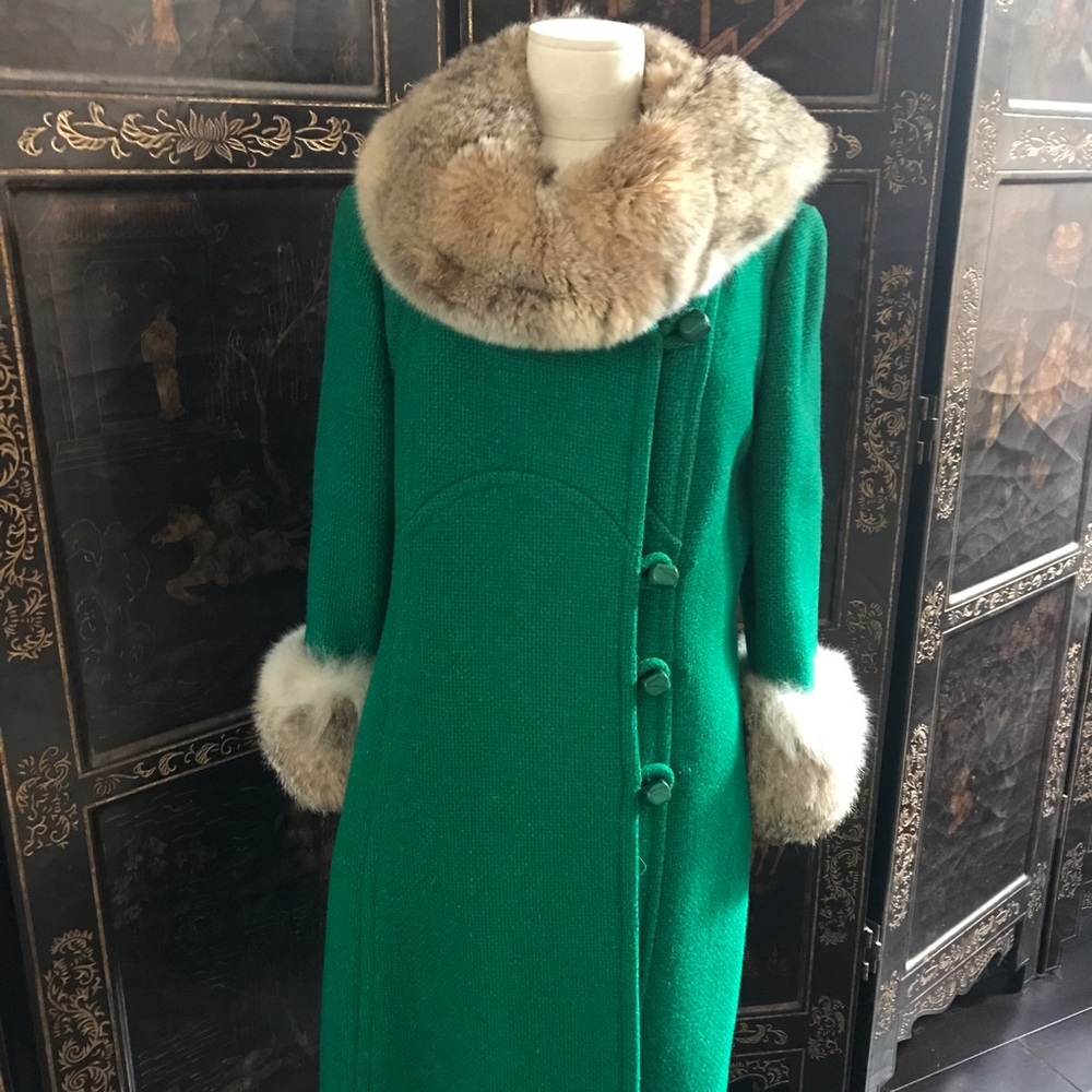 Vintage Green Wool Coyote Fur Collar Cuff Mod Coat
